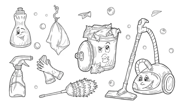 Vektor Illustration Eines Handgezeichneten Reinigungsservice Sets Cartoon Doodle Stil Mülleimer — Stockvektor