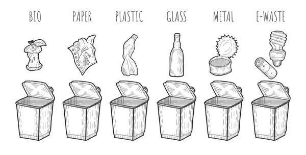 Vektorové Ilustrace Odpadků Proces Řazení Koše Bio Papíru Plastu Skla — Stockový vektor