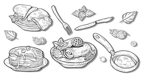 詰め物 プレーン フルーツ イチゴ プレート フォークとナイフの部分で パンに付いているパンケーキのベクトル図です ヴィンテージ手描き落書きスタイル — ストックベクタ
