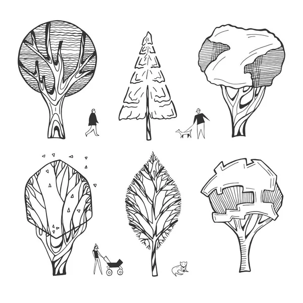 Mimari Ağaçlar Çizimler Vektör Illustration Stilize Karikatür Basitleştirilmiş Minimalist Kroki — Stok Vektör