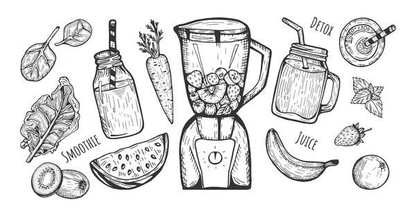 Illustration Vectorielle Ensemble Smoothies Mélangeur Pot Avec Une Paille Bouteille — Image vectorielle