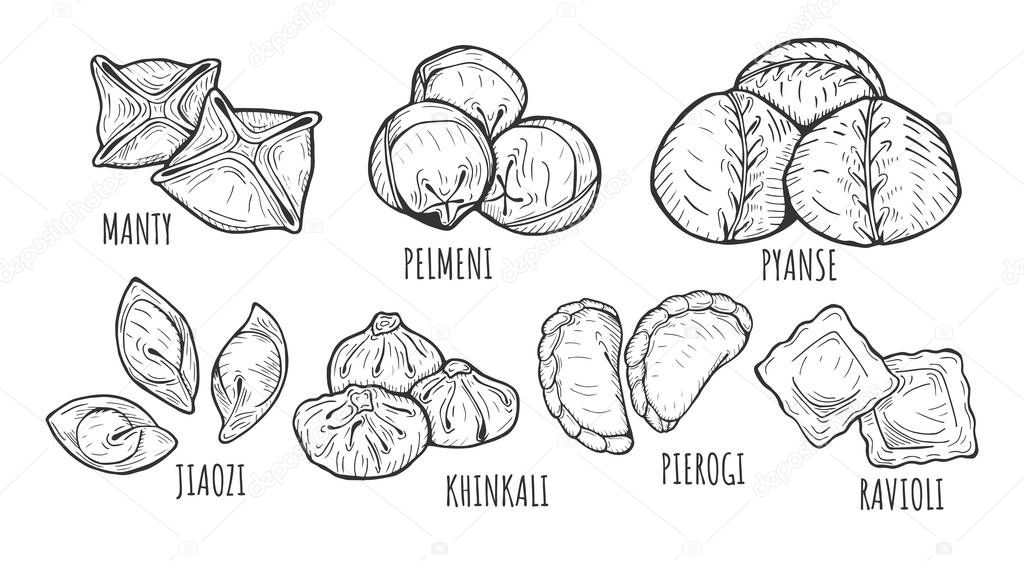 Vector illustration of different dumplings types and styles. Manty, meat dumpling, pelmeni, jiaozi, pyanse or pigodi, khinkali, ravioli, Pierogi or varenyky. Vintage hand drawn style.
