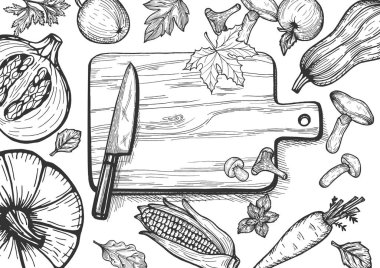 Mutfak bıçağı ve sebze masada ahşap kesme tahtası. Meyve ve sebze sonbahar mevsimlik menü kümesini vektör Illustration. Kabak üst, dilimlenmiş, squash, havuç, elma, ormanda mantar, yaprakları, Mısır kulak. Elle çizilmiş doodle kroki st