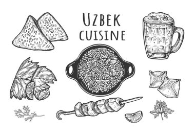 Özbek mutfağı menü vektör Illustration. Barbekü Kebab, Samsa, Ayran, kazan, dolmalar, Manti pilav pirinç. Vintage elle çizilmiş stili.