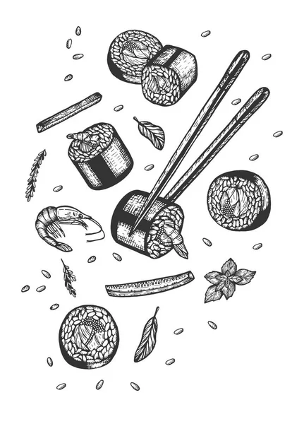 Ilustracja Wektorowa Unoszące Się Przestrzeni Sushi Rolki Zestaw Sushi Pałeczkami — Wektor stockowy