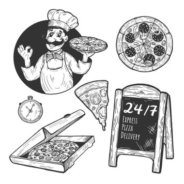 Vektör çizim ekspres teslimat nesneleri kümesi. Gösterilen ok jest, biberli, eritilmiş peynir, zamanlayıcı kutu, menü açık şövale kurulu ile dilim pizza ile İtalyan aşçı. Çizilmiş karikatür tarzı el.