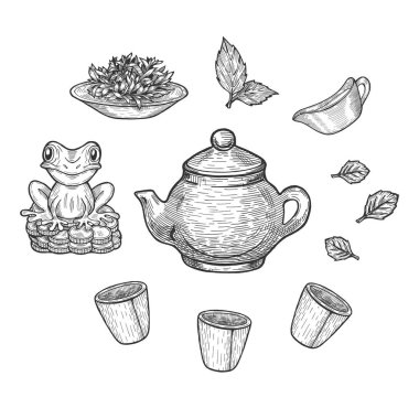 Çin çay töreni vektör çizim ayarlayın. Üç gaiwan bardak, kil Çaydanlık, uçan daire, bir yudum, yeşil çay, birlikte Feng shui veya fengshui para kurbağa. Elle çizilmiş stili.