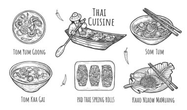 Vektör çizim Tay geleneksel yemekleri. Tayland yemekleri Tom Yum Goong, Som Tum, Tom Kha Gai çorbası, mango, pad Tay böreği ile Khao Niaow Ma Muang pirinç. Gıda yüzen tekne. Elle çizilmiş.