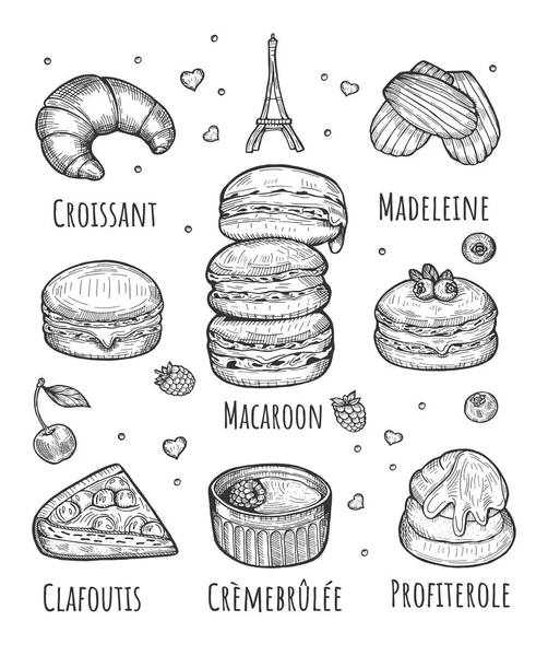 法国糕点集合的向量例证 饼干和蛋糕 牛角面包 马卡龙 玛德琳 克拉福蒂斯 奶油布卢里 — 图库矢量图片