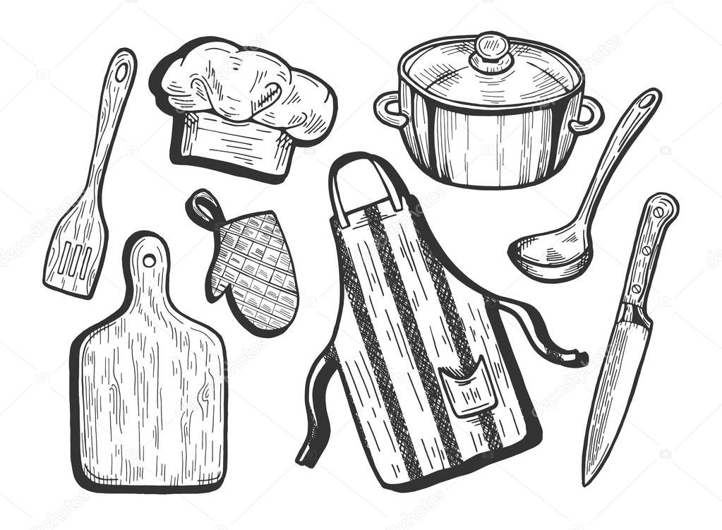 Vector illustration of kitchen utensils. Cook cap, chef hat, apron, cutting board, knife, spatula, ladle, pot, saucepan, pan, oven glove or mitt. Hand drawn cartoon style. 