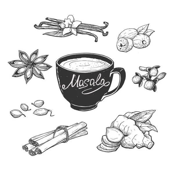Векторная Иллюстрация Чашки Чая Мазальским Молоком Специй Анис Гвоздика Ваниль — стоковый вектор