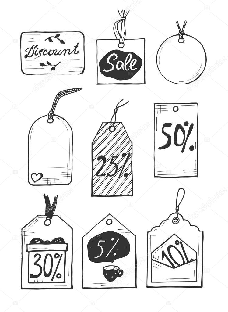 Vector illustration of a different discount labels set. Sale, 5, 10, 25, 50, 30, percent badges and few empty for your text. Hand drawn style. 