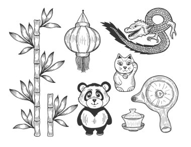 Çince sembol simgeler vektör Illustration. Bambu, kağıt fener, kedi heykelciği, Uçan Ejderha, tencere, Çaydanlık, çay bardağı kapaklı, ayı panda. Elle çizilmiş doodle stili.