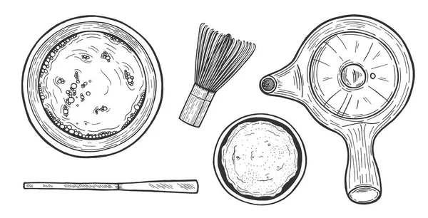 日本抹茶茶道对象的矢量插图 竹搅拌 测量勺子 复古手绘风格 — 图库矢量图片