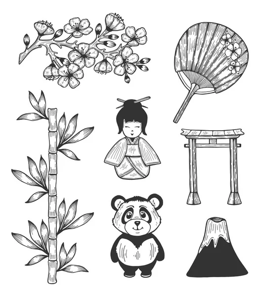 Ilustración Vectorial Iconos Símbolos Culturales Japón Sakura Flores Flor Cerezo — Vector de stock