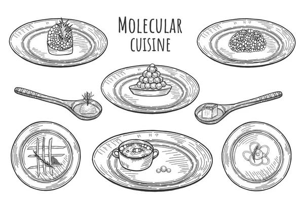 Ilustração Vetorial Pratos Cozinha Molecular Comida Extravagante Fantasia Servida Nos — Vetor de Stock