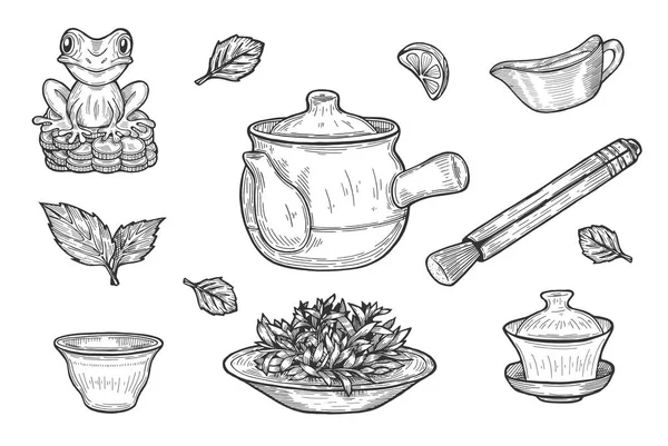 Vektorillustration Kinesiska Teceremonin Set Gaiwan Lera Tekanna Hutt Tefat Kopp — Stock vektor