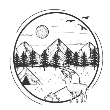 Yaban hayatı doğa köknar ağacı orman ve dağ manzara kamp çadır ile vektör Illustration. Geyik önünde yürüyüş. Elle çizilmiş modern vintage tarzı.