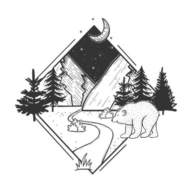 Yaban hayatı doğa köknar ağacı orman ve dağ manzara vektör Illustration. Gece gökyüzünde ay ve yıldız ile. Beyaz ayı önünde yürüyor. Elle çizilmiş modern vintage tarzı.