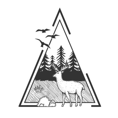 Yaban hayatı doğa köknar ağacı orman manzara vektör Illustration. Geyik önünde yürüyüş. Elle çizilmiş modern vintage tarzı.