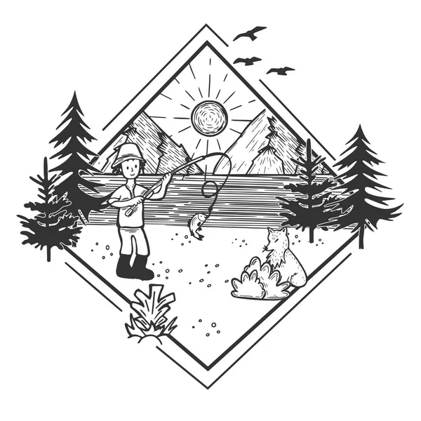 Illustration Vectorielle Nature Sauvage Paysage Forestier Avec Lac Soleil Montagnes — Image vectorielle