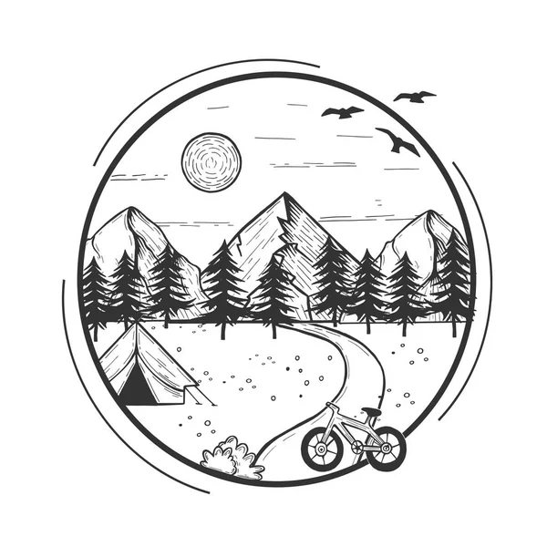 Векторная Иллюстрация Лесного Ландшафта Дикой Природы Палаткой Кемпинга Велосипедом Спереди — стоковый вектор