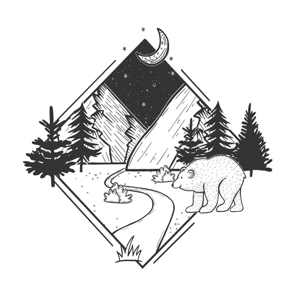 野生動物自然モミの木 山や森風景のベクター イラストです 月と星の夜空 シロクマが前を歩いていた 手描きモダンなビンテージ スタイル — ストックベクタ