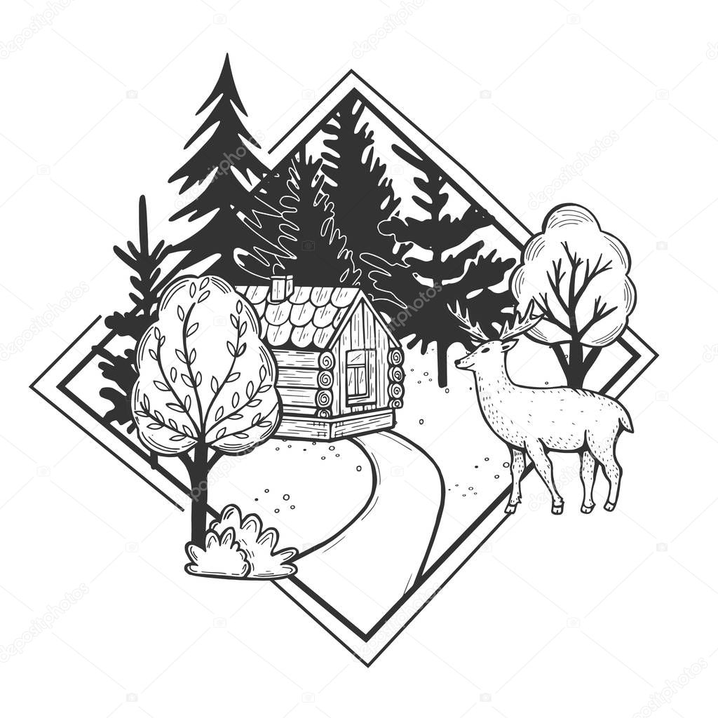 Vector illustration of wildlife nature fir tree forest landscape with wooden hut house. Wild deer walking in front. Hand drawn modern vintage style.