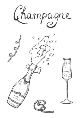 Patlama açılış Champaign şişe su sıçramalarına ve cam ile vektör Illustration. Elle çizilmiş kroki tarzı doodle.