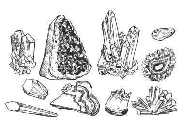 Mineral kristalleri ve mücevher vektör çizim seti taşlar. Vintage elle çizilmiş stili.