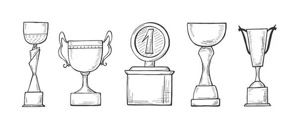 Ilustracja Wektorowa Zwycięzców Mistrzostw Kubki Zestaw Ręcznie Rysowane Styl Szkic — Wektor stockowy