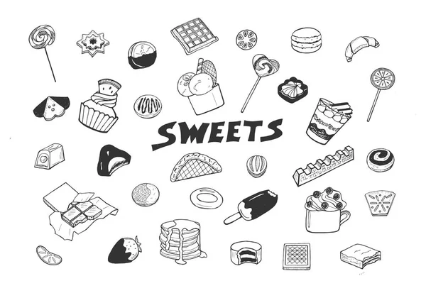 Vektor Illustration Von Süßigkeiten Set Süßigkeiten Kekse Schokolade Riegel Waffeln — Stockvektor