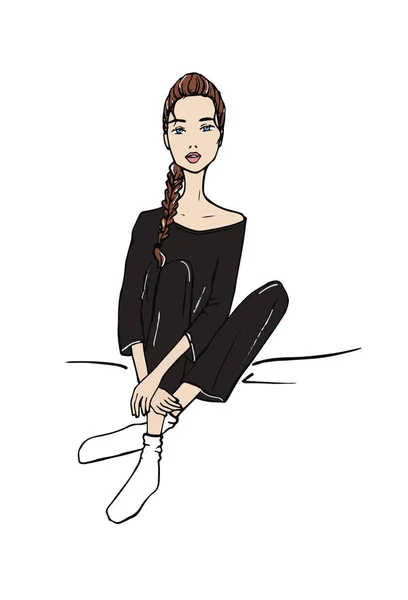 部屋着パジャマに座っているファッションの女の子のベクター イラストです 手描き落書きスタイル — ストックベクタ