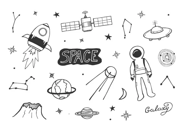 Ilustración Vectorial Del Conjunto Iconos Cósmicos Cohete Traje Astronauta Tierra — Archivo Imágenes Vectoriales