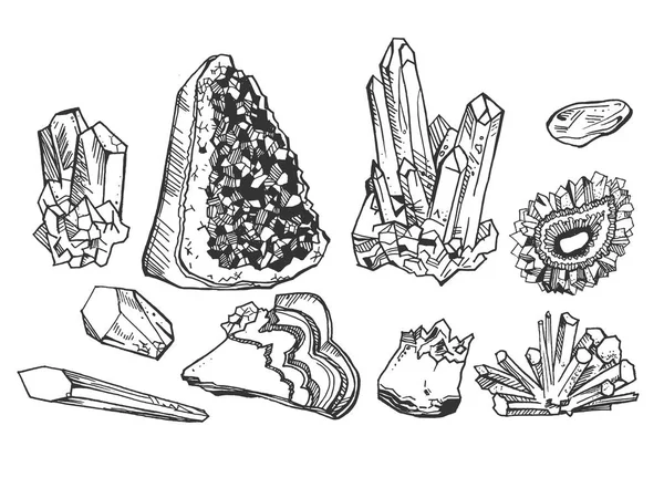 Vectorillustratie Van Minerale Kristallen Gem Stones Set Vintage Hand Getrokken — Stockvector