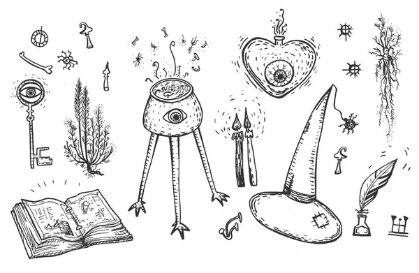 魔术对象集合的向量例证 女巫帽 神秘植物和蘑菇 复古手绘风格 — 图库矢量图片