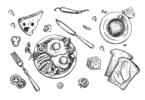 음식의 일러스트 설정합니다 오믈렛 베이컨 크래커 토스트와 토마토 포크와 나이프 — 스톡 벡터