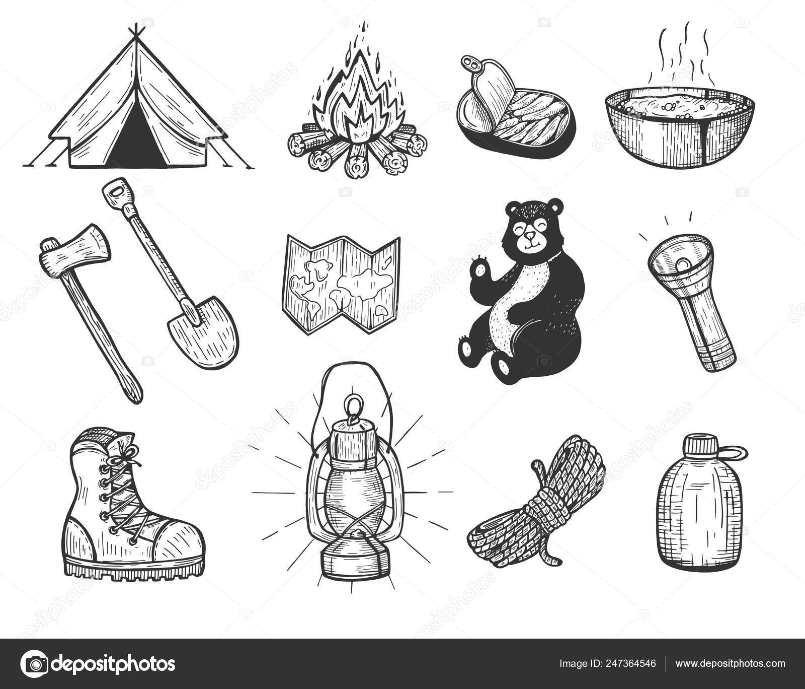 Vector Illustration Camping Set Tent Bonfire Fish Conserve Plate 