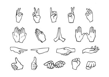 Vector illustration of hand motions icons set. Movements such as sign OK, cool and peace, handgrips, entreaty, points to left, right, crossed fingers, fist, opened palms. Hand drawn doodle style. clipart