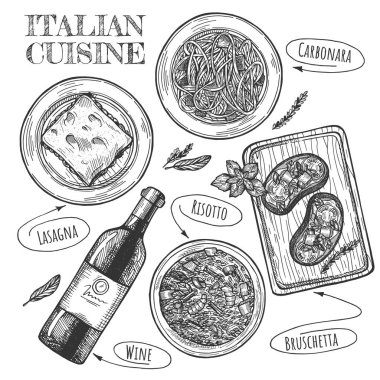 İtalyan mutfağı vektör çizim ayarlayın. Carbonara, lazanya, bir şişe şarap ve bruschetta ile plakalar. Vintage elle çizilmiş stili.