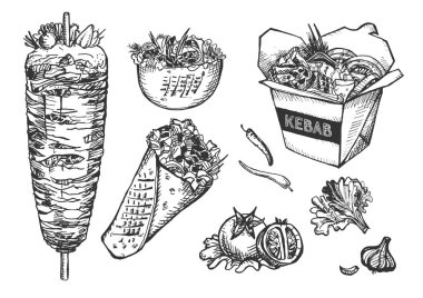 Vektör çizim fast food ayarlayın. Dikey bölme et için kebap kağıt wok konteyner ve kalın hamurlu, börek, pide rulo, domates, sarımsak, acı biber, karnabahar. Vintage elle çizilmiş stili.