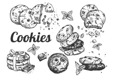 Vector illustration of culinary masterpieces, sweets set. Pastries, biscuits with chocolate crumb in one piece, with a bite taken out of it bow decorated. Vintage hand drawn style. clipart