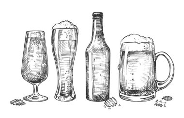 Alkol cam vektör çizim seti içer. Köpük bira gözlük lale, weizen, çukurlu kupa gibi farklı türde ve kapalı şişe. Vintage elle çizilmiş stili.