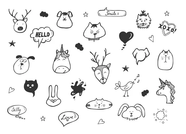 Ilustración Vectorial Del Conjunto Iconos Emoji Kawaii Liebres Conejitos Monoceros — Vector de stock