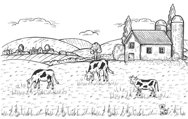 家畜放牧草原 上記ファームおよび山の近くの集落の夏の田舎のベクター イラストです ヴィンテージ手描きスタイル — ストックベクタ