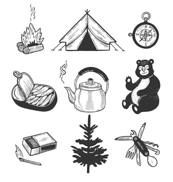 Illustration Vectorielle Décor Camping Bois Chauffage Allumettes Tente Bouilloire Multioutils — Image vectorielle