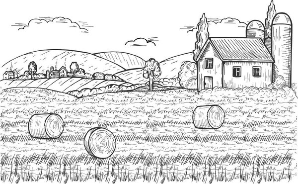Vector illustration of summer countryside with three round hay bales on the meadow, farm above and settlement near the mountains. Vintage hand drawn style 