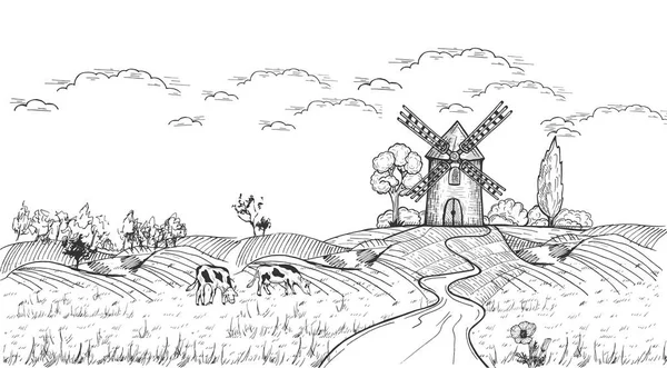 収穫後 フィールドの風車のある美しいリアルな国側面図のベクトル イラスト無料放牧牧草地と牛 木がたくさん ヴィンテージ手描きスタイル — ストックベクタ