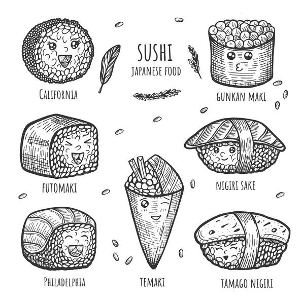 Ilustración Vectorial Divertidos Personajes Sushi Roll Con Caras Lindas Sushi — Vector de stock