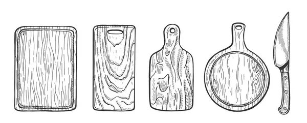 木制切割和肉 蔬菜和比萨饼服务板的矢量说明 厨师刀 复古手绘雕刻风格 — 图库矢量图片